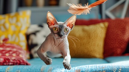Energetic cat playfully leaping towards a feather toy in a cozy living room filled with vibrant cushions and decor