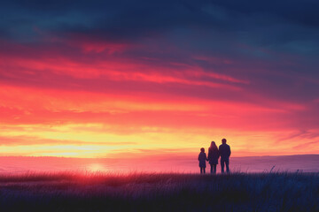 Fototapeta premium Couple standing on a beach during sunset with colorful sky and ocean waves in the background creating a romantic atmosphere
