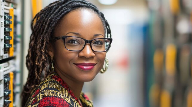 Portrait of a Smiling Black Woman in Glasses Near Servers