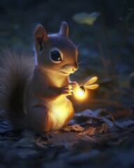 Night forest squirrel holding firefly, autumn leaves