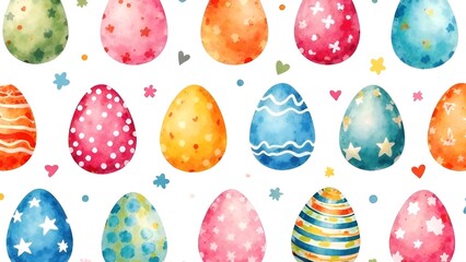 colorful Easter eggs with various patterns, including polka dots, stars, stripes, and abstract. white background, and small decorative elements like hearts and stars. Watercolour style 