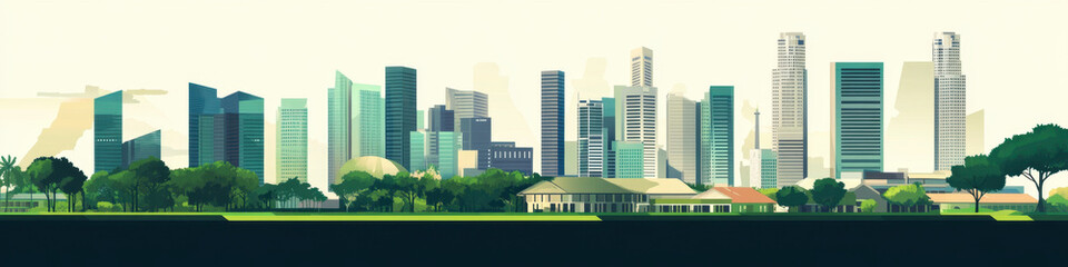 vibrant cityscape illustration featuring modern skyscrapers, lush greenery, and serene park setting, showcasing urban life and nature harmoniously
