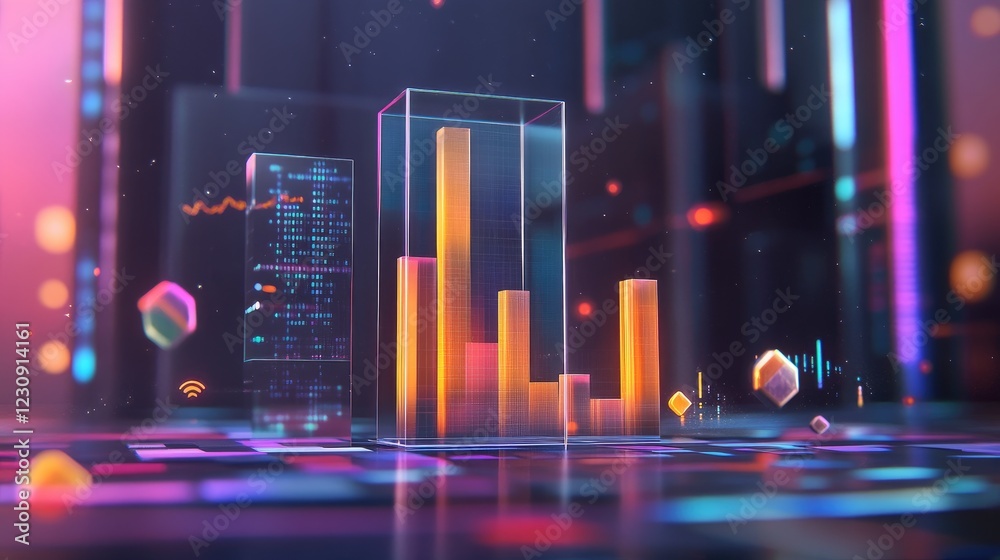 Poster a transparent d bar chart floating in a digital space, with bars of different heights representing f