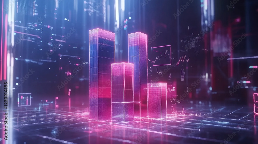 Poster a transparent d bar chart floating in a digital space, with bars of different heights representing f