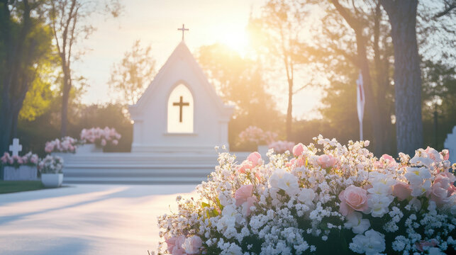 serene funeral service setting with flowers and cross, illuminated by soft sunlight. peaceful atmosphere evokes reflection and remembrance