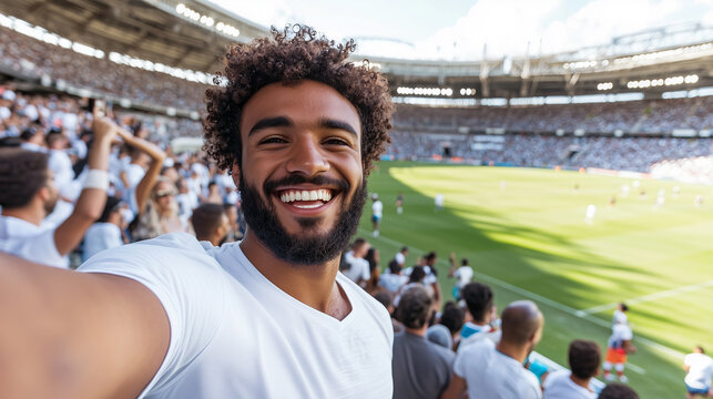 Smiling man taking a selfie at a lively soccer game, fans in the background, bright stadium atmosphere.