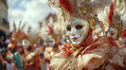 Ornate Venetian Carnival Mask in Red and Gold Costume
