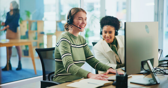 Happy, people and headset with computer in call centre of communication, customer service and ecommerce. Women, teamwork and talking with mic for telemarketing advice, website faq and online solution - Powered by Adobe