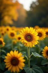 Fototapeta premium Late season sunflowers, muted tones of autumn foliage , brown, autumn, october