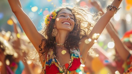 Fototapeta premium Joyful Woman Dancing at a Vibrant Outdoor Festival