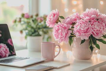 Laptop computer positioned beside a pink flower in a white vase on a wooden table showcasing a modern workspace environment