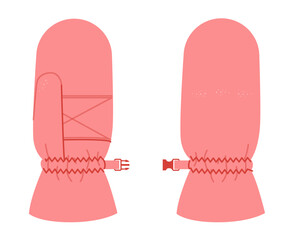 Snowboarding Gloves Mittens pink cartoon Fashion hand accessory clothing technical illustration garment. Vector front palm back view for Men, women, unisex style flat template CAD on white background