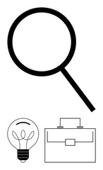 Magnifying glass, light bulb, and briefcase. Ideal for themes of research, creativity, business, problem-solving, career innovation and analysis. Minimalist abstract line flat metaphor