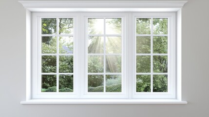 White Window Frame with Green Trees and Sunlight