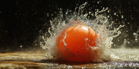 Orange sphere splashing water, dark background, wood surface, action shot
