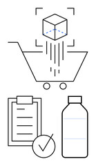 Cube dropping into a cart, checklist with a tick, and a bottle outline. Ideal for e-commerce, delivery, packaging, retail logistics, inventory management, order processing abstract line flat