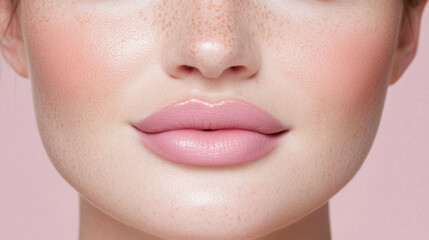 Beautifully plump and well defined lips with soft pink hue, showcasing flawless complexion and subtle freckles, creating fresh and inviting look