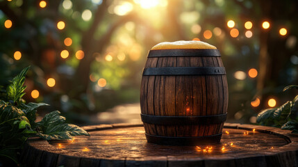 wooden barrel filled with beer sits on rustic table, surrounded by lush greenery and soft, glowing lights in background, creating warm and inviting atmosphere