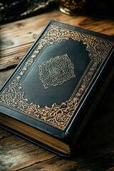 Ornate Quran on Wooden Table, Religious Study