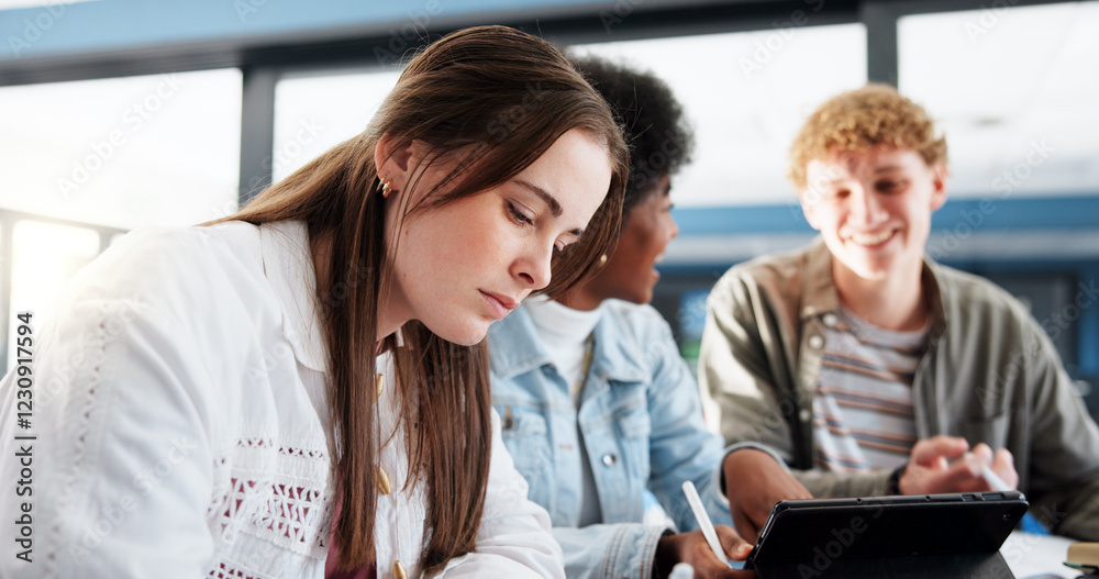 Aufkleber Studying, group and students with knowledge, classroom and research for assignment in college or writing. Education, learning and people with tech for project, university and teamwork for website