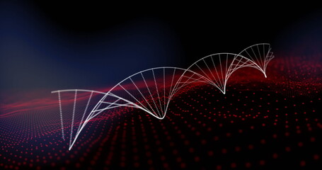 Image of dna strand over red spots on black background