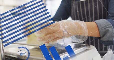 Image of financial data processing over biracial shop assistant in grocery shop