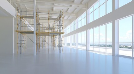 Modern Building Interior with Scaffolding and City View