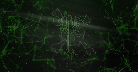Image of skull and bones, digital data processing over computer servers