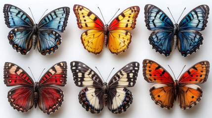 Colorful butterflies displayed on white background, showcasing vibrant patterns and details. These insects represent beauty and diversity in nature