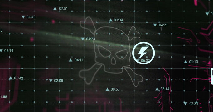 Image of skull and bones with icons and digital data processing
