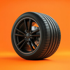 Fototapeta premium High performance black tire on sleek alloy wheel against orange background, showcasing modern design and durability. Perfect for automotive enthusiasts