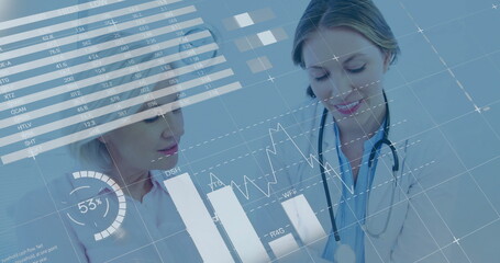 Image of data processing and diagrams over caucasian female doctor using tablet with her patient