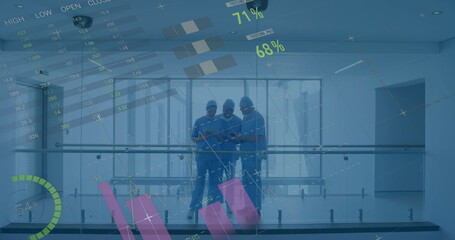 Image of data processing and diagrams over diverse doctors using tablet