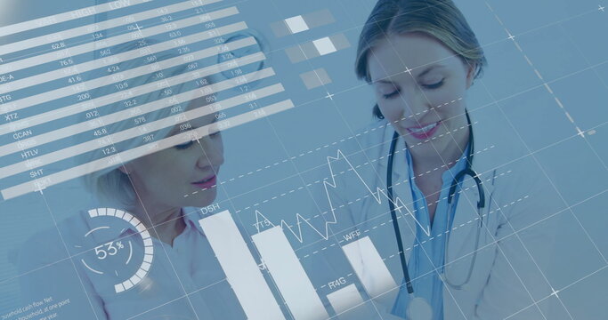 Image of data processing and diagrams over caucasian female doctor using tablet with her patient
