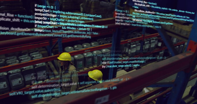 Image of financial data processing over diverse people working in warehouse