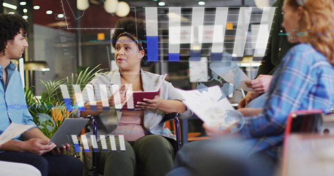 Image of financial data processing over diverse creative business people in office