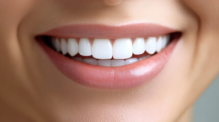 Obraz premium close up of smiling female mouth showcasing bright, white teeth and soft lips, conveying happiness and confidence