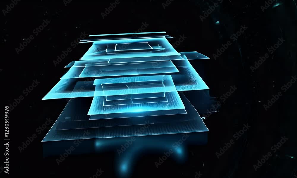 Poster Blue digital layers floating, dark background, data visualization, tech concept