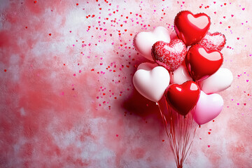 A cluster of red and white heart-shaped balloons floats against a pink background, adorned with scattered confetti.