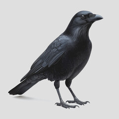 Fototapeta premium Black bird standing on a white surface with a focus on the birds features and surroundings in a minimalist setting