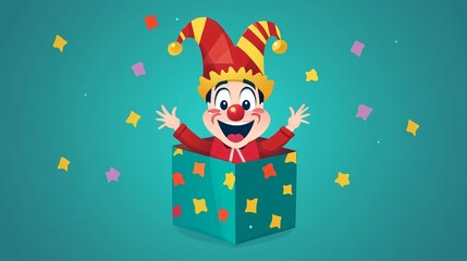 Colorful Surprise Box with Jester Hat Flat Vector Illustration for Festive Celebrations and Parties