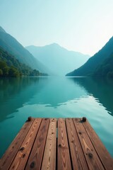 Obraz premium Wooden deck extends over still lake waters; misty green hills rise in distance, scenic, mist, summer