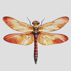 Close-up view of a dragonfly with vibrant orange wings and a striking red body perched on a green leaf in a natural outdoor setting