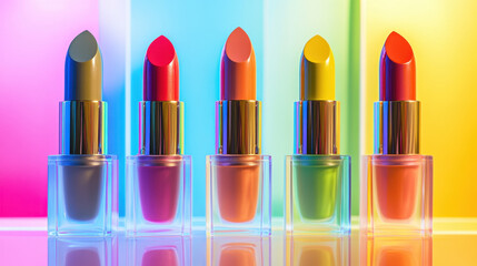 Obraz premium Colorful lipsticks displayed in vibrant arrangement, showcasing variety of shades and styles. bright background enhances lively atmosphere of this beauty product photography