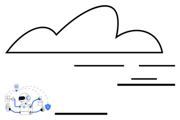 AI robot interacts with cloud, files, and shield, representing data management, cloud computing, automation, cybersecurity, and innovation. Ideal for tech AI security data protection digital