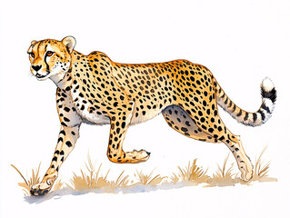 Cheetah gracefully running across a savanna with grass and distant trees in the background