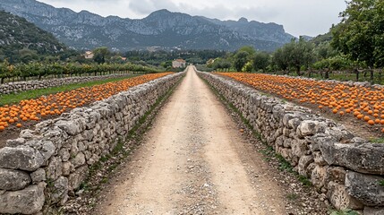 Path through orange grove with mountains background. Landscape photo for travel sites