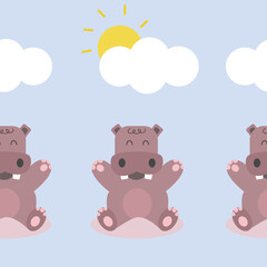 Seamless pattern with cute hippo and clouds on blue background. Suitable for use for wallpaper, backdrop, wrapping paper, fabrics, textile, packaging, etc