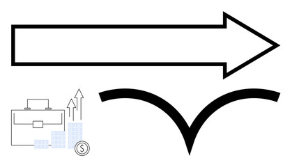 Large right arrow with a curving split arrow underneath. Business briefcase, bar graphs, and arrows indicate growth. Ideal for business strategy, progress, change, growth finance direction. Line