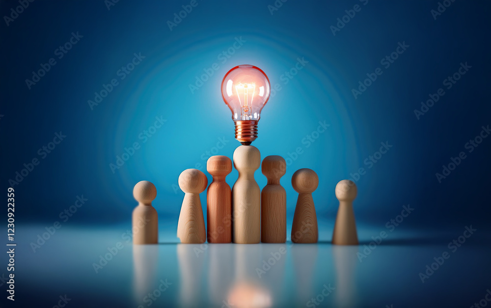 Poster a group of wooden figures stand in a row, with a glowing light bulb positioned on top of one figure.